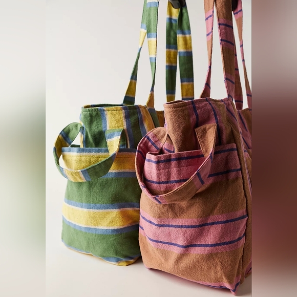Free People Handbags - Free People Oksana Oversized Tote Beach Bag Kelly Green Stripe Blue Yellow Large